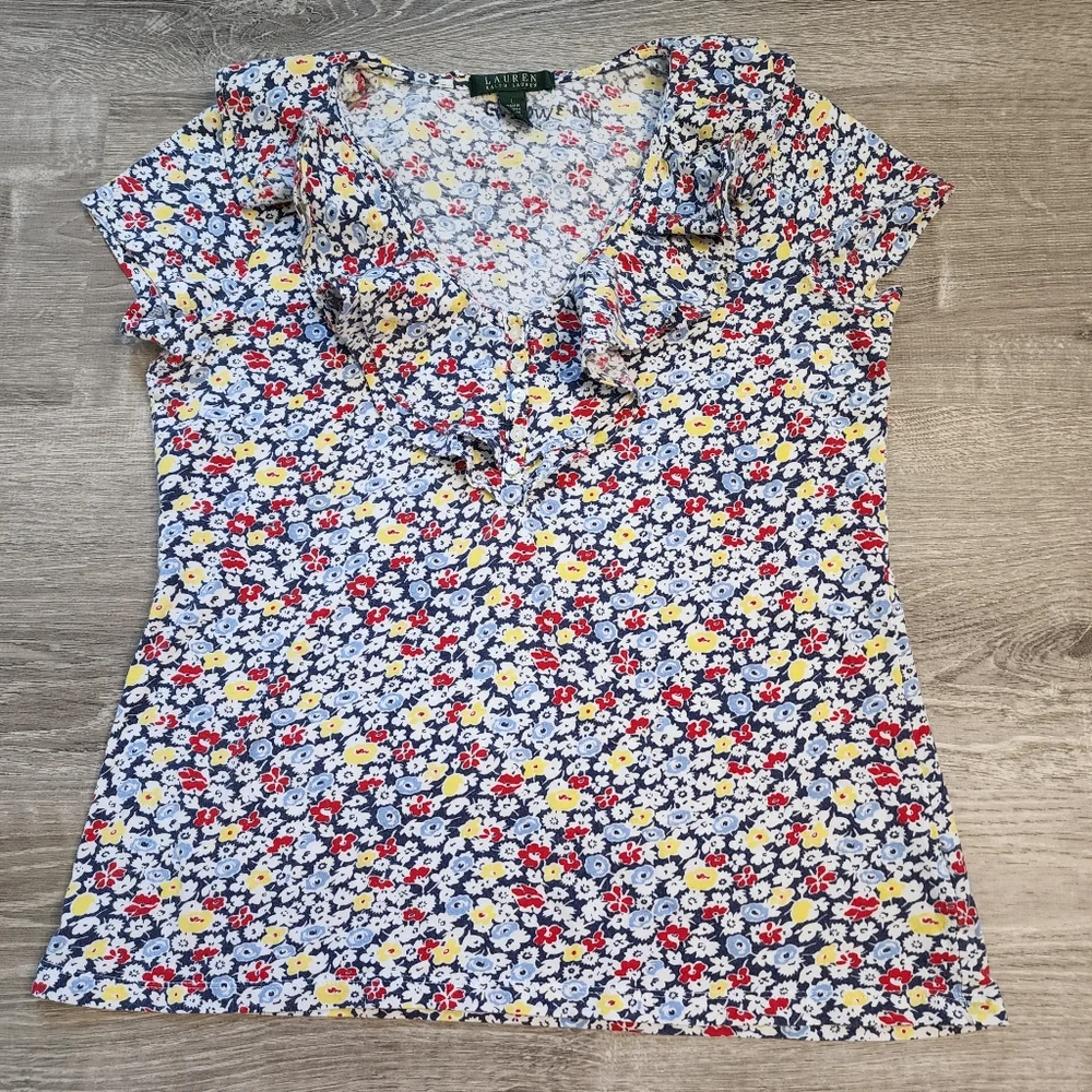 LAUREN By RALPH LAUREN Floral Sleeveless V Neck Ruffle Neck Top - Picture 11 of 11